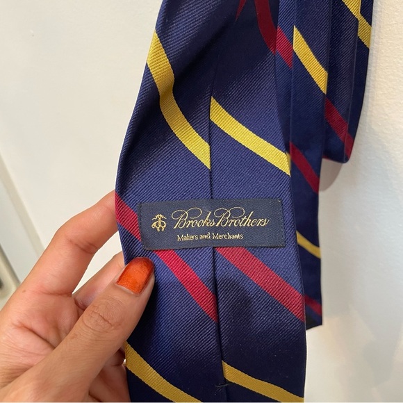 Brooks Brothers Navy Tie with Red and Yellow Stripes - Picture 2 of 4